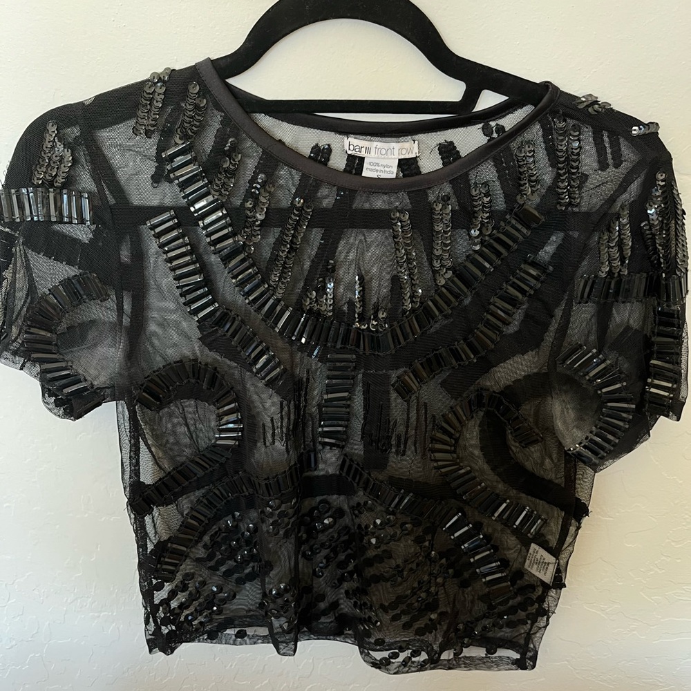 Bar III Black Embellished Sheer Crop Top